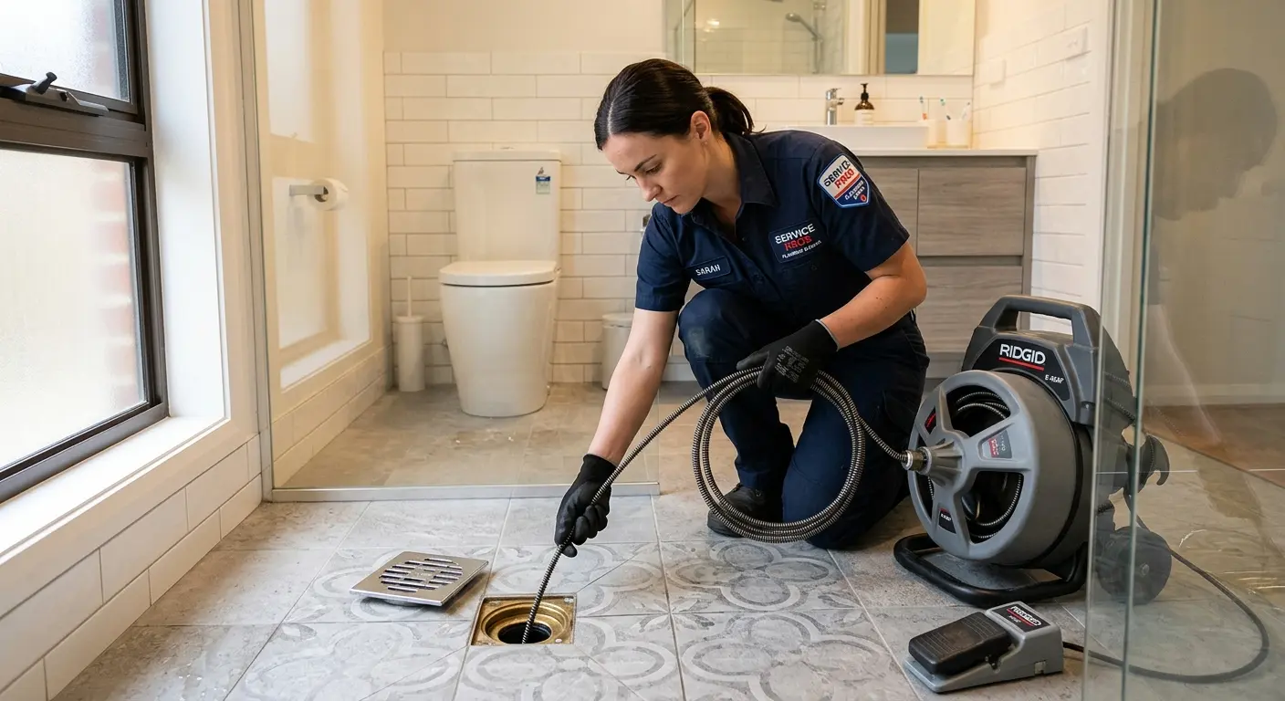 Technician clearing a bathroom floor drain for Sewer Line Replacement in Hammond